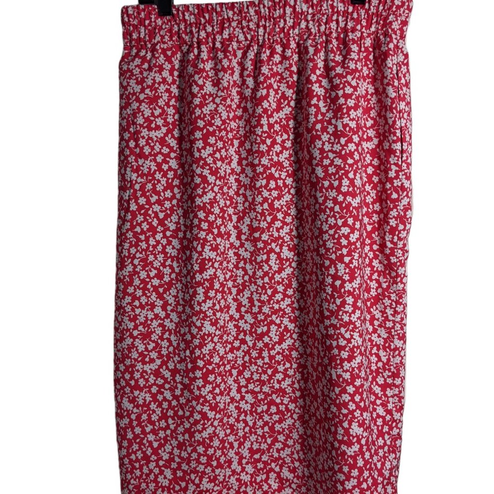 J.Crew Pink Midi Floral Print Skirt Size Medium Side Slit Elastic Waist Pull On
